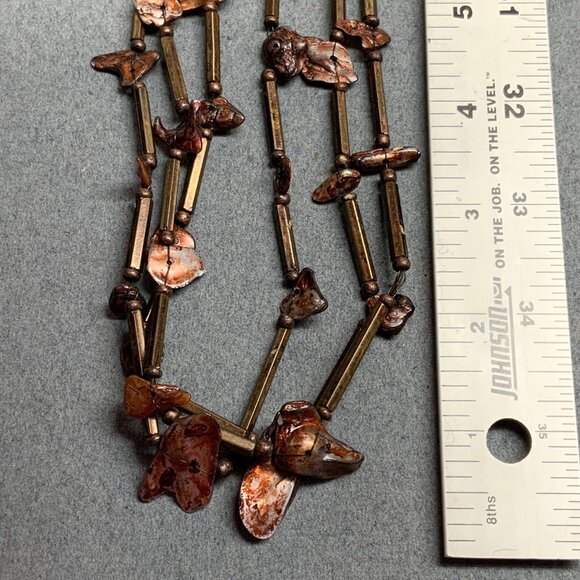 Vintage Triple Strand Necklace 38 In Copper Brown Shell Metal Beads MOP Retro - Picture 7 of 9